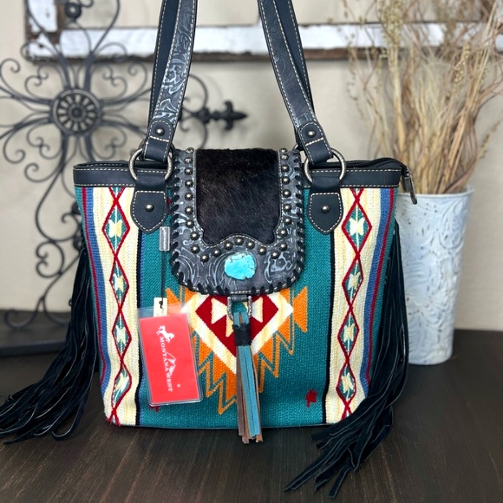 Montana West Western Style Black and Multicolor Large Purse NEW fringe aztec